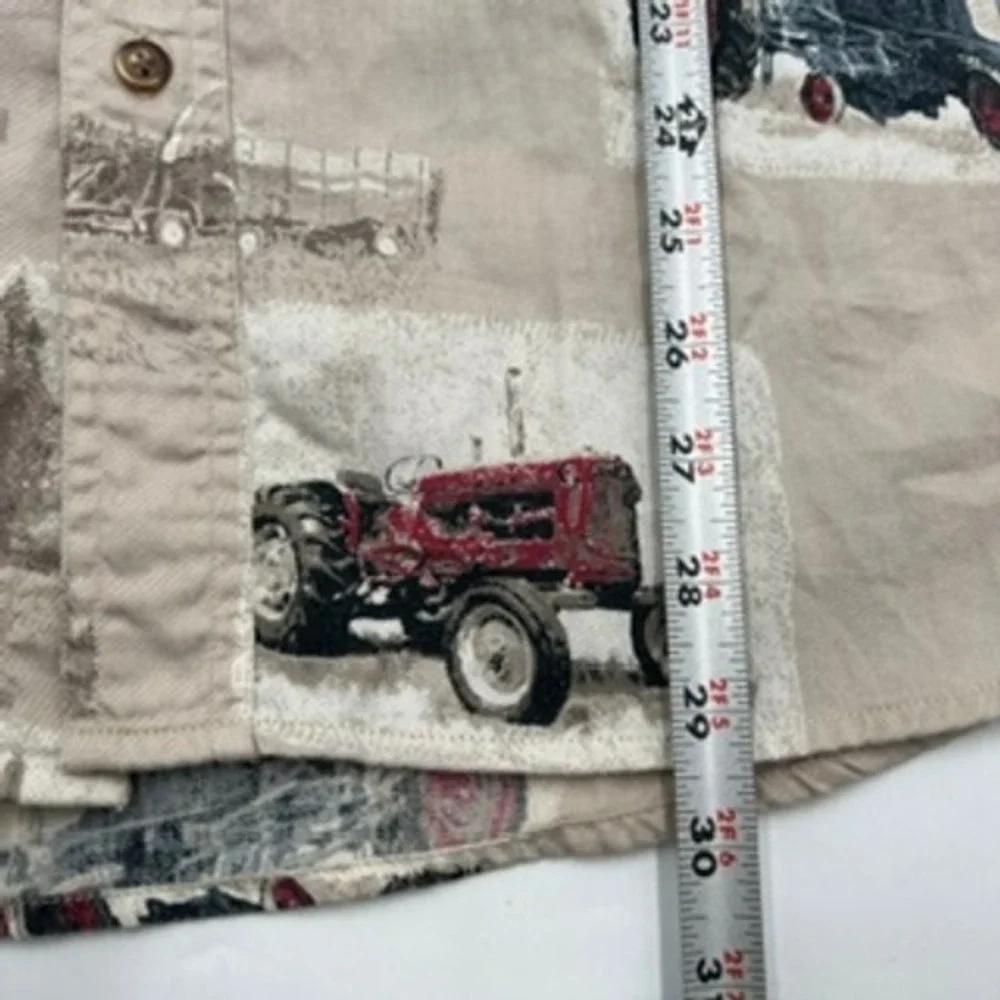 Bit & Bridle Mens Tractor Print Button Down Shirt Tan Cotton Short Sleeve M